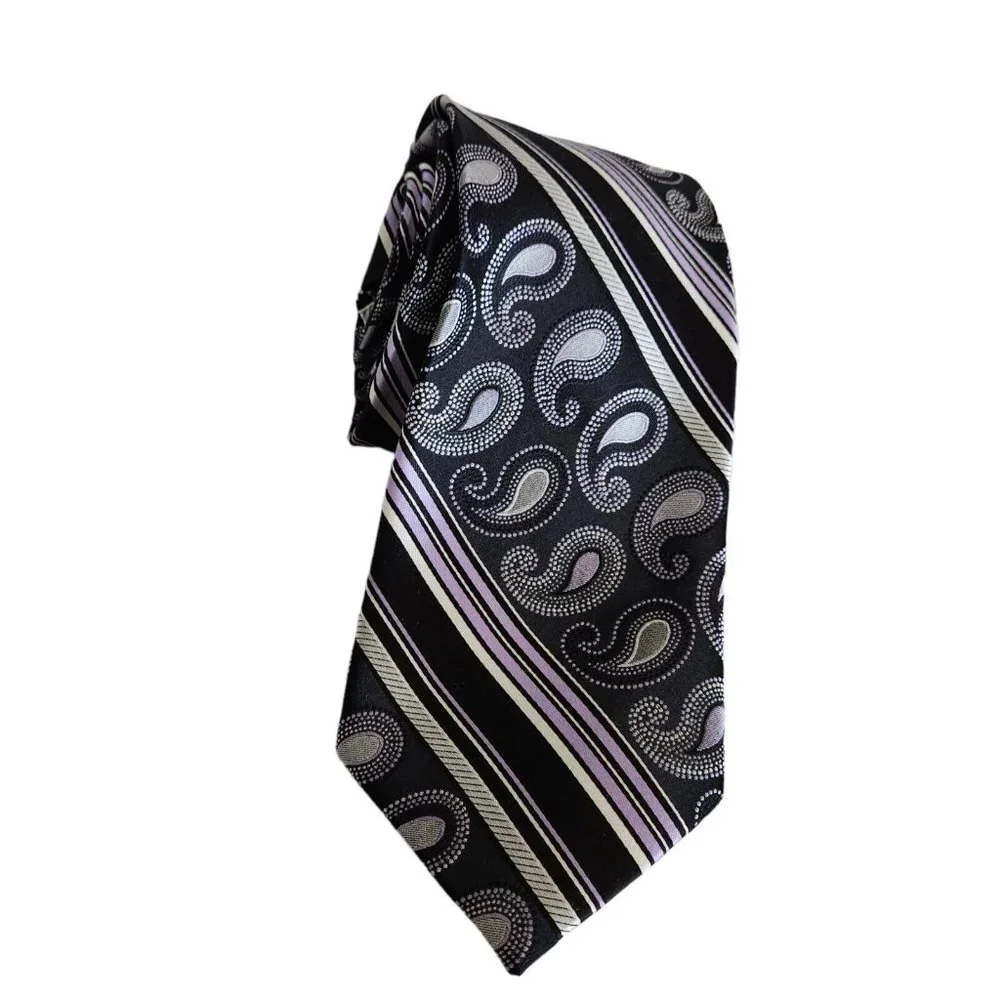 THE BIG KNOT by Steven Land 100% Silk Tie Geo Paisley‎ 3.5W Dark Purple